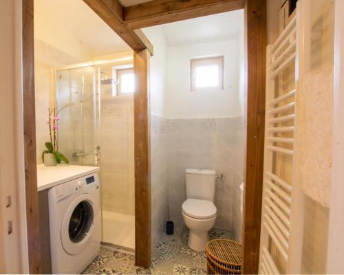 a bathroom with a toilet and a washing machine at Gîtes BEAUSOLEIL in Campsegret