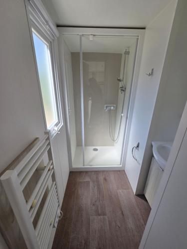a bathroom with a walk in shower and a sink at camping la plage de l'orb in Cessenon