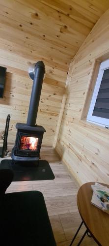 a woodburning stove in a room in a log cabin at ChillWagon in Sieraków
