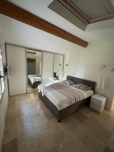 a bedroom with a large bed and a large mirror at Villa Bon Cavai in Mornas