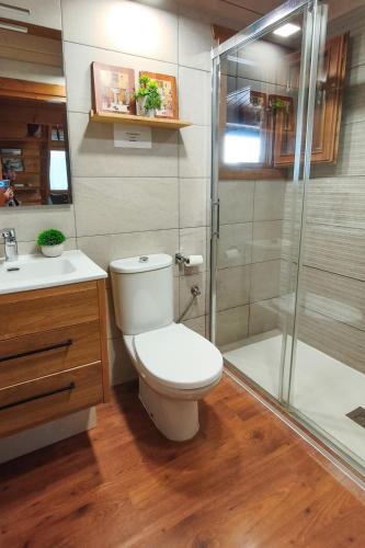 a bathroom with a toilet and a glass shower at Casa Pinares de Roche tres dormitorios in Cádiz