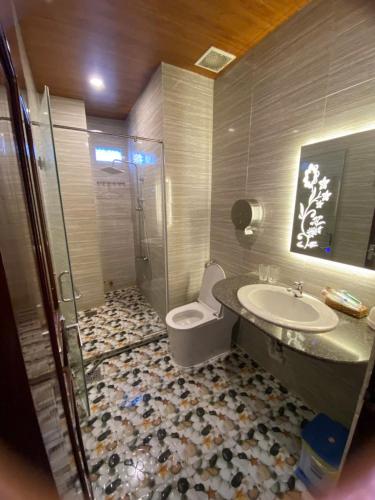 a bathroom with a toilet and a sink and a shower at Khách Sạn Sapphire in Gò Công