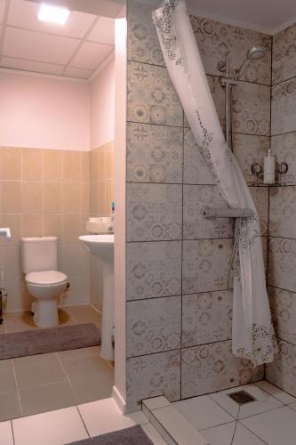 a bathroom with a shower curtain and a toilet at Parko Studija in Birštonas