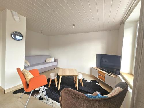 a living room with a couch and a tv at La Maison Rose - La Bresse in La Bresse