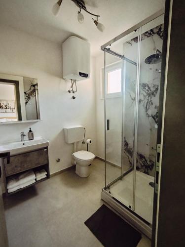 a bathroom with a shower and a toilet and a sink at Villa Olea in Mostar