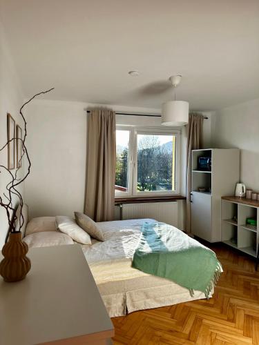 a bedroom with a large bed and a window at POKLEKANE in Wysowa-Zdrój