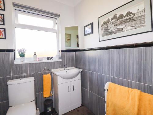 a bathroom with a toilet and a sink and a window at Tregoning in Lostwithiel