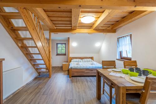 a room with a table and a bed in a room at Apartmány Studený in Kunratice