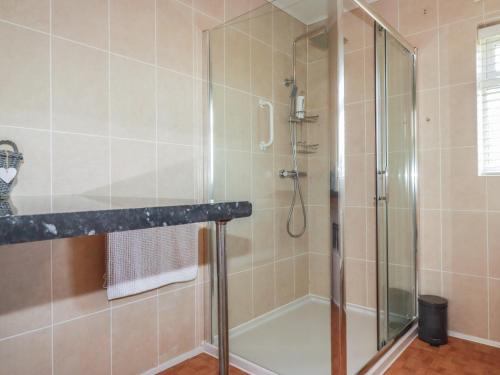a shower with a glass door in a bathroom at Tregoning Annexe in Lostwithiel