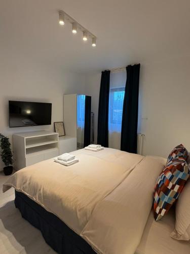 a bedroom with a large bed and a tv at Otopeni Studios C2 2 Airport Therme in Otopeni