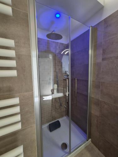 a bathroom with a shower with a blue ceiling at PapalePapale B&B in Viterbo