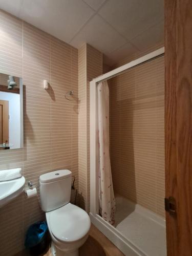 a bathroom with a toilet and a sink and a shower at Hotel venta de Tébar in Águilas