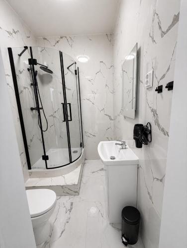 a bathroom with a shower and a toilet and a sink at Jela`s Suite in Vienna