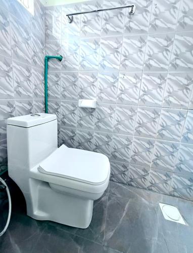 a bathroom with a toilet and a tiled wall at Biez Homestay in Karatu