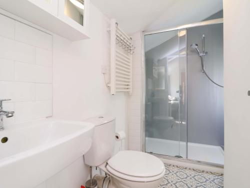 a white bathroom with a toilet and a shower at The Apple Loft in Exeter