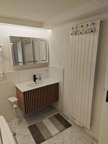 a bathroom with a sink and a mirror at Ferienwohnung ERSO in Wutöschingen