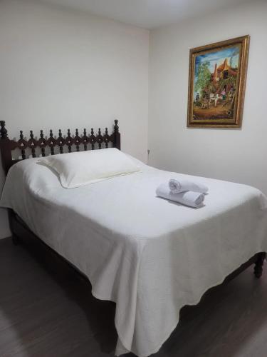 a bed with a white blanket and a picture on the wall at BED & Breakfast in Bogotá