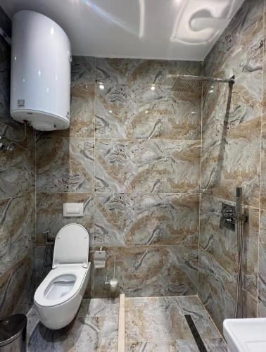 a bathroom with a toilet and a shower at Helix Apartments in Fier
