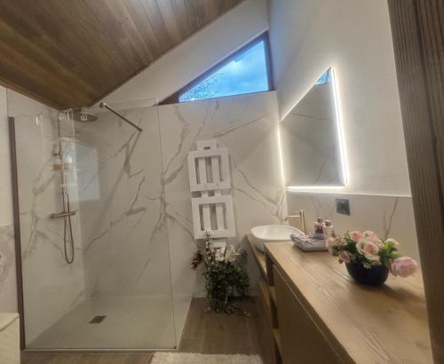 a bathroom with a shower and a sink at Ferienhaus Kramser in Arnoldstein