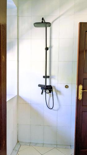 a shower in a bathroom with a glass wall at Kays Place Train house Jambo in Zanzibar City