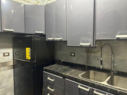 a kitchen with stainless steel cabinets and a sink at Kimka in Aswan