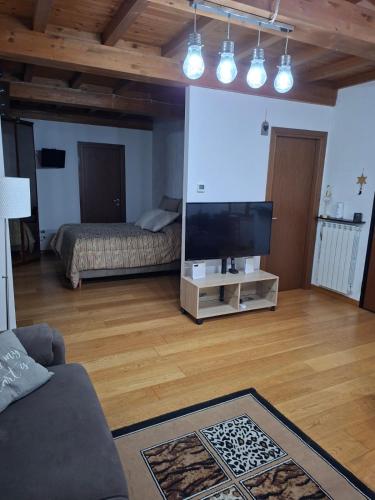 a living room with a flat screen tv and a couch at Monolocale di Kris in Borgo a Giovi
