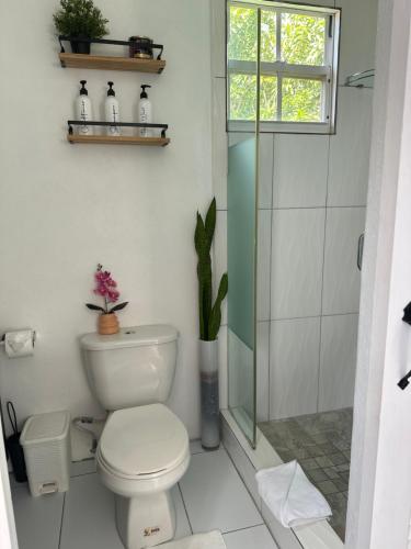 a bathroom with a toilet and a glass shower at Moulin A vent apartment in Monchy