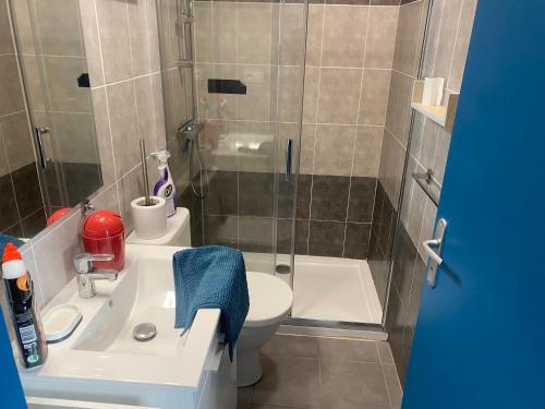 a bathroom with a sink and a toilet and a shower at hirondelle 1 in Noirmoutier-en-l'lle