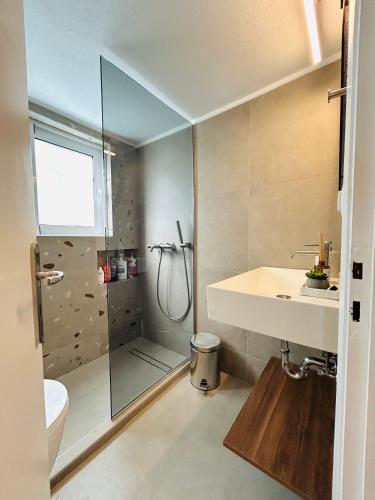 a bathroom with a shower and a sink and a toilet at Grandpa’s cottage in Nea Makri