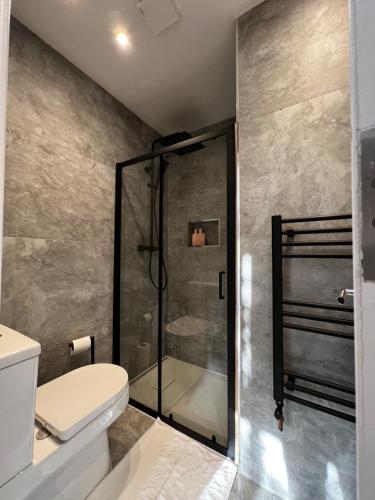 a bathroom with a shower and a toilet at Harrow Boutique Suites in Harrow