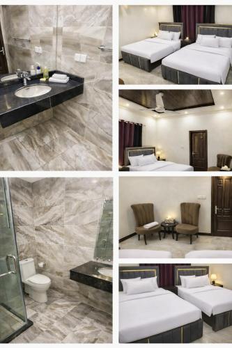 a collage of four pictures of a hotel room at Hotel White Castle Islamabad in Islamabad