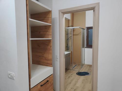 a room with a closet with wooden shelves at Voievozilor Residence in Constanţa