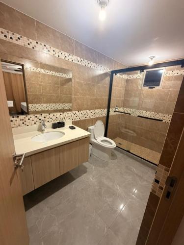 a bathroom with a toilet and a sink and a shower at Royal's 2 Bedroom suite in Kingston