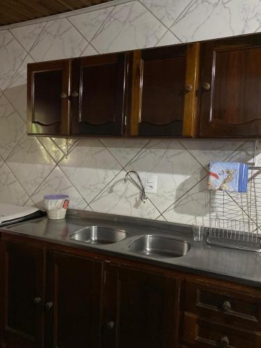 a kitchen counter with a sink and wooden cabinets at Sítio Meu Cantinho in Benedito Novo