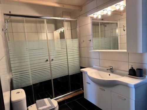 a bathroom with a glass shower and a sink at HillSide Apartments - 02 in Agia Galini