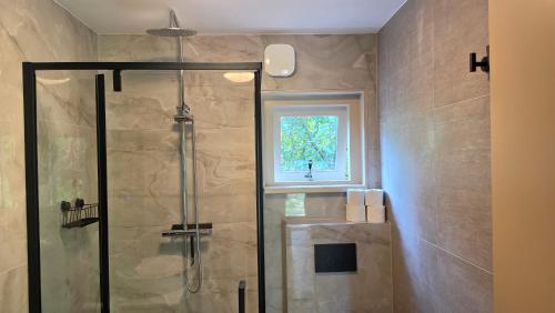 a bathroom with a shower with a glass shower stall at Huisje Jan in Hoenderloo