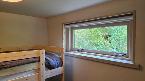 a bedroom with a window and a bunk bed at Huisje Jan in Hoenderloo