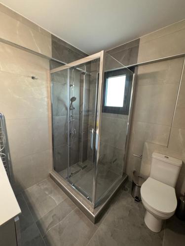 a bathroom with a shower and a toilet at MareMonti VILLAS in Sidhirodhromikós Stathmós Krioneríou