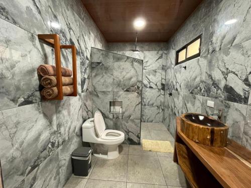 a bathroom with a toilet and a shower and a sink at Althi Mountain House in Naranjito