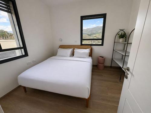 a bedroom with a white bed and two windows at נופי דפנה in Dafna