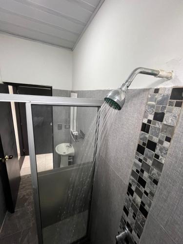 a shower stall in a bathroom with a toilet at 301ElBunkerSuiteRomance in Arauca