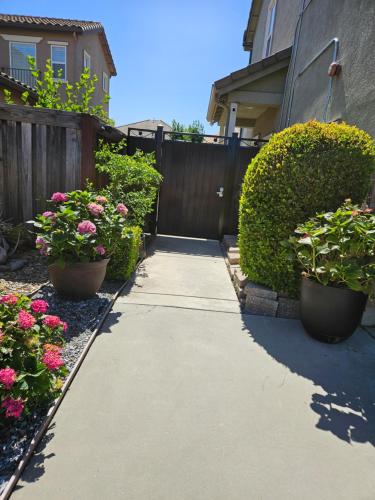 a sidewalk in front of a house with flowers at Gateway to Napa in Fairfield