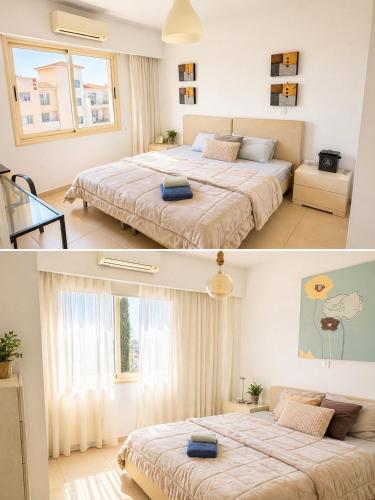 a bedroom with two beds and a living room at Stunning Sea View Resort Pools Spa Gym Balcony in Paphos