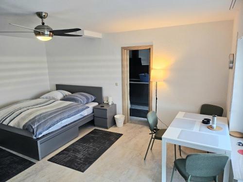 a bedroom with a bed and a desk and a table at RUWERA SONNENHÜGEL - Moderne Ferienwohnung - eigener Eingang, Garten und Terrasse in Trier