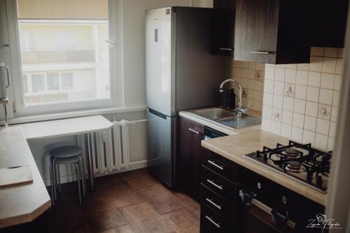 a kitchen with a stove and a sink and a refrigerator at Mazurska przystań in Ryn