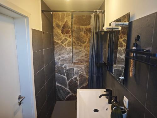 a bathroom with a shower and a sink at Apartmaji pr'Muranček in Radovljica