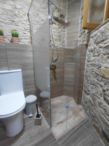 a bathroom with a toilet and a glass shower at lefkara stone nest in Pano Lefkara