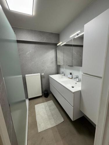 a small bathroom with a sink and a refrigerator at C-Blanche in Blankenberge