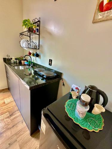 a kitchen with a stove and a counter top at Tiny House Londres, Timbó in Timbó