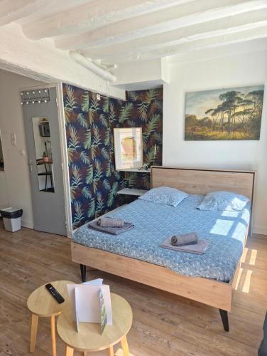 a bedroom with a bed with a blue comforter at Studio Bourgogne 20 in Orléans